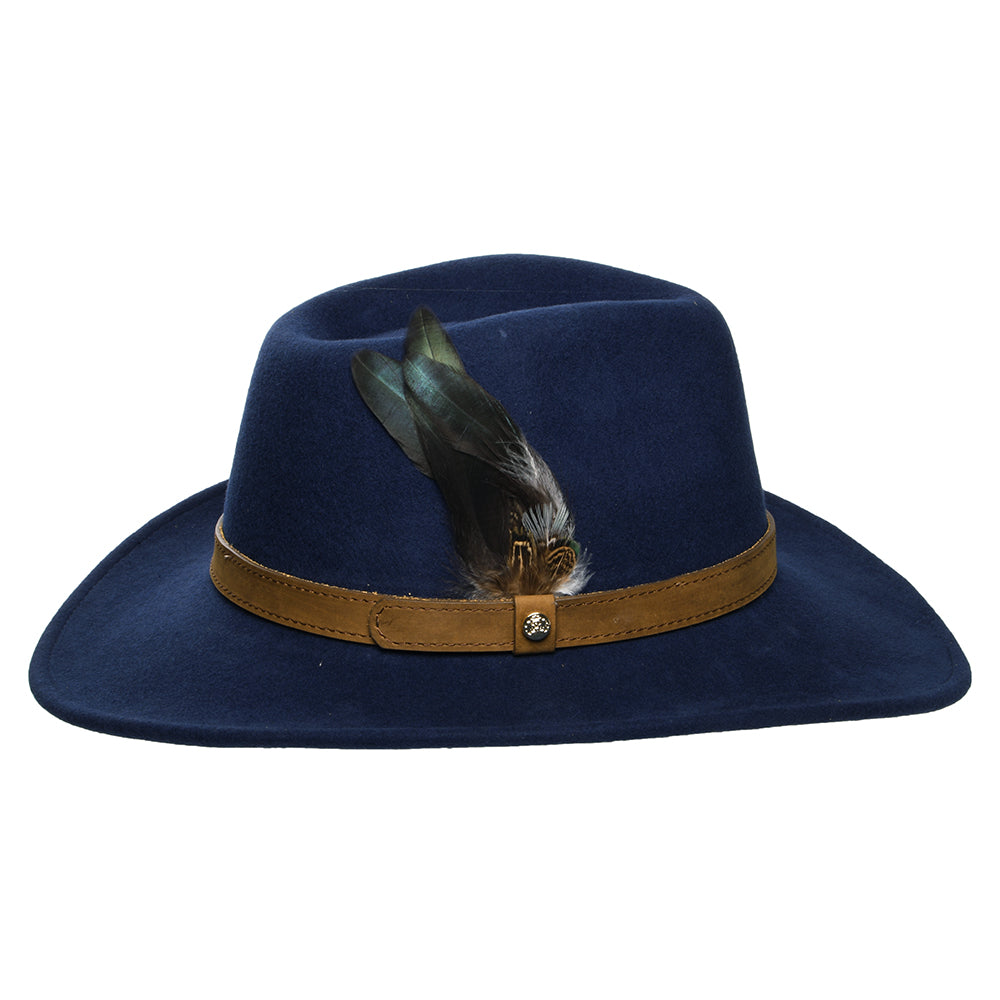 Failsworth Hats Showerproof Wool Felt Outback Hat with Feathers - Navy Blue