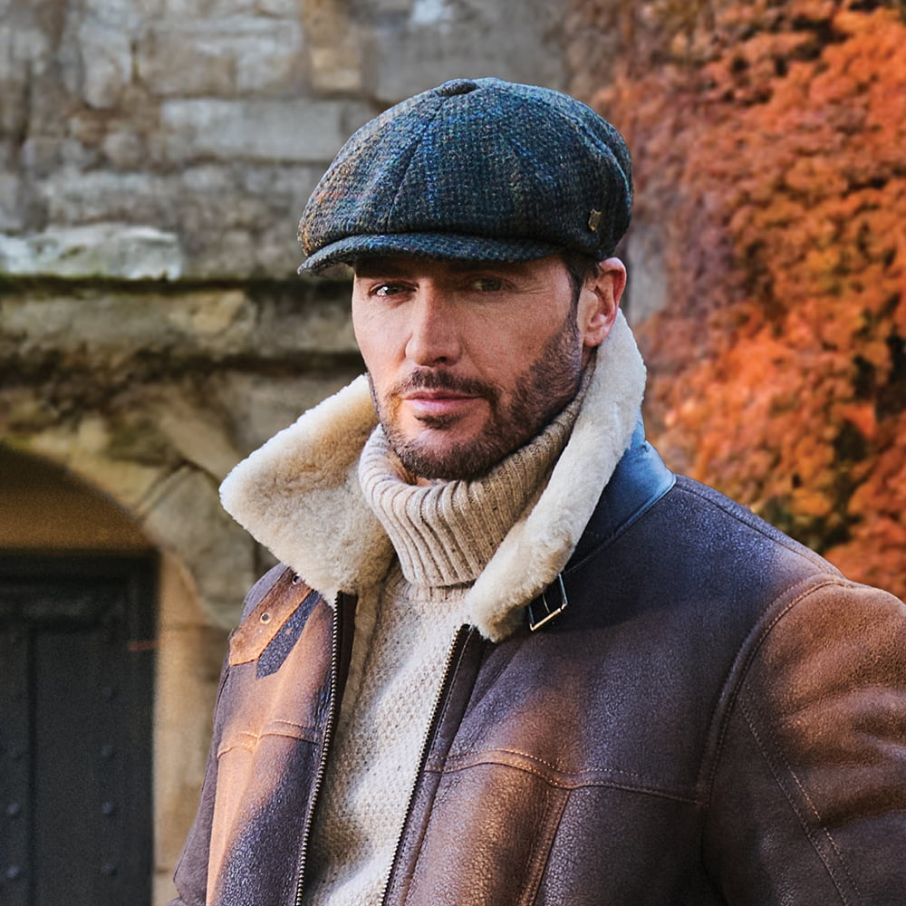 Failsworth Hats HARRIS TWEED Windowpane Carloway Newsboy Cap - Olive-Multi