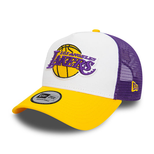 New Era L.A. Lakers A-Frame Trucker Cap - NBA Rear Arch - White-Yellow-Purple
