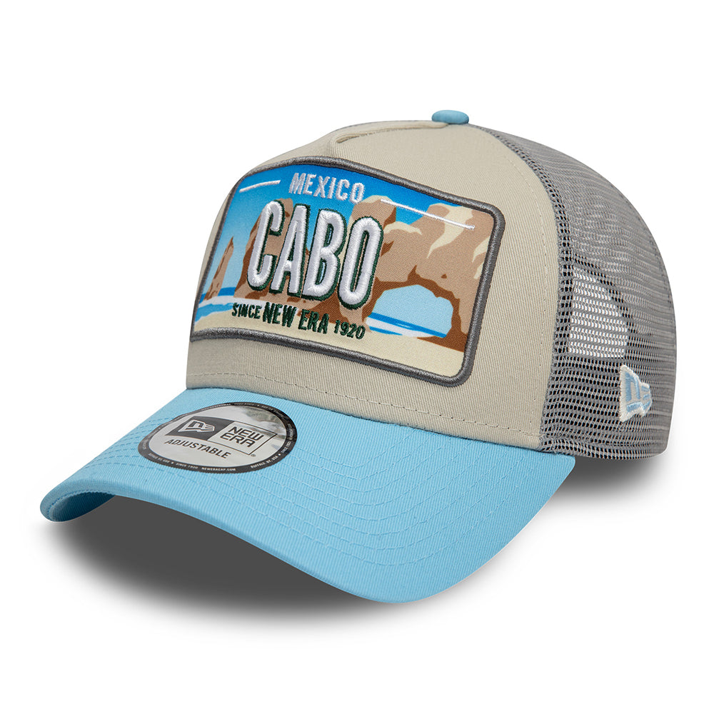 New Era Cabo A-Frame Trucker Cap - License Plate - Stone-Sky Blue