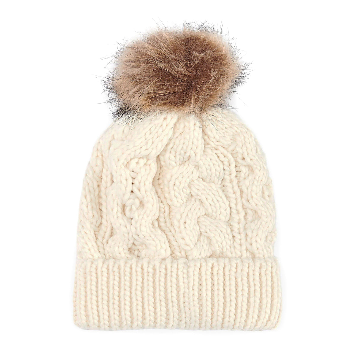 Barbour Hats Penshaw Cable Knit Faux Fur Pom Bobble Hat - Cream