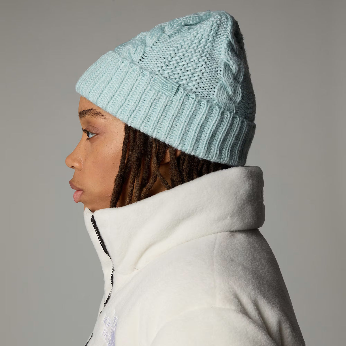 The North Face Hats Womens Oh Mega Cable Knit Cuffed Beanie Hat - Ice Blue