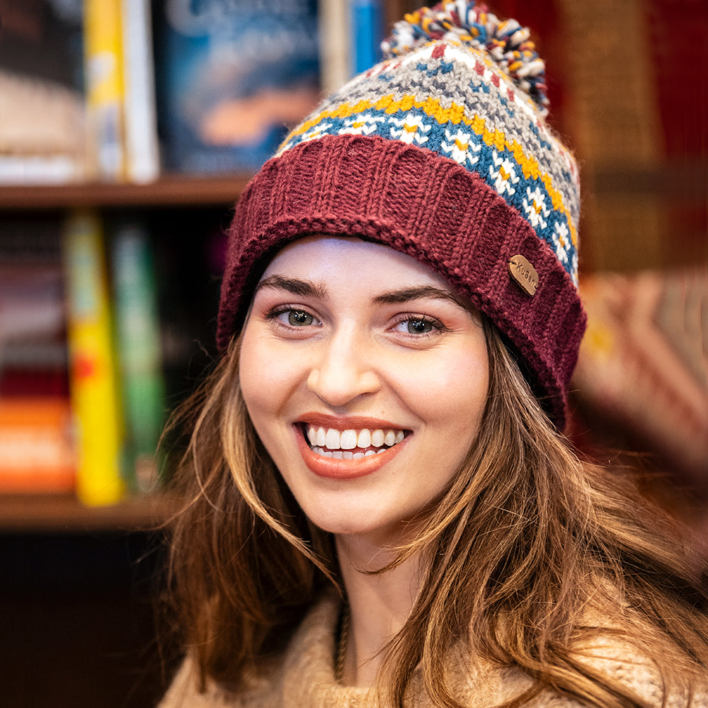 Kusan Mosaic Fair Isle Bobble Hat - Plum-Grey