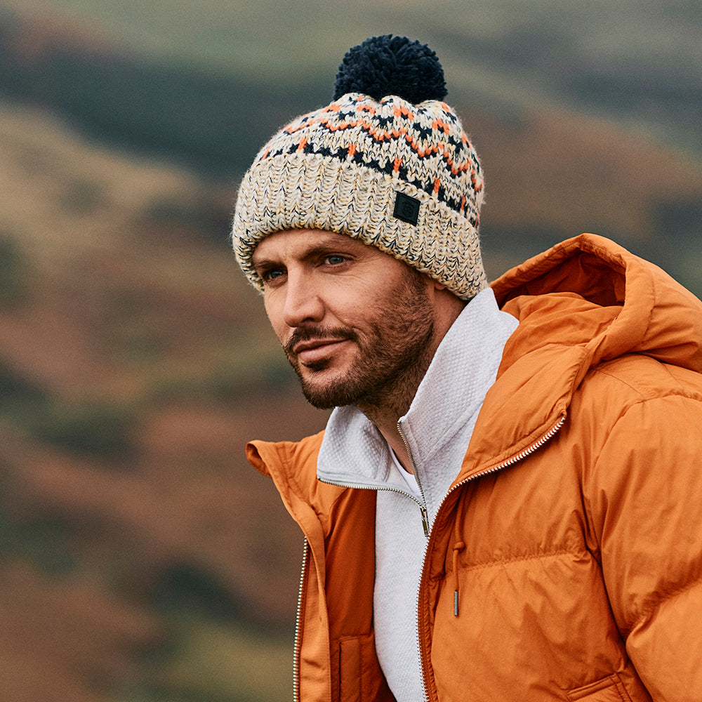 Failsworth Hats Arctic Fair Isle Bobble Hat - Light Grey-Navy-Orange