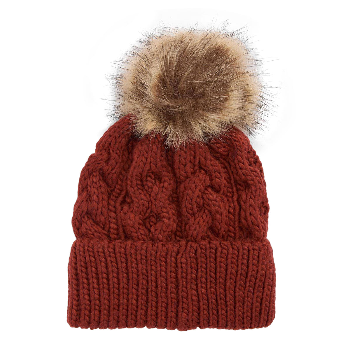 Barbour Hats Penshaw Cable Knit Faux Fur Pom Bobble Hat - Burnt Henna