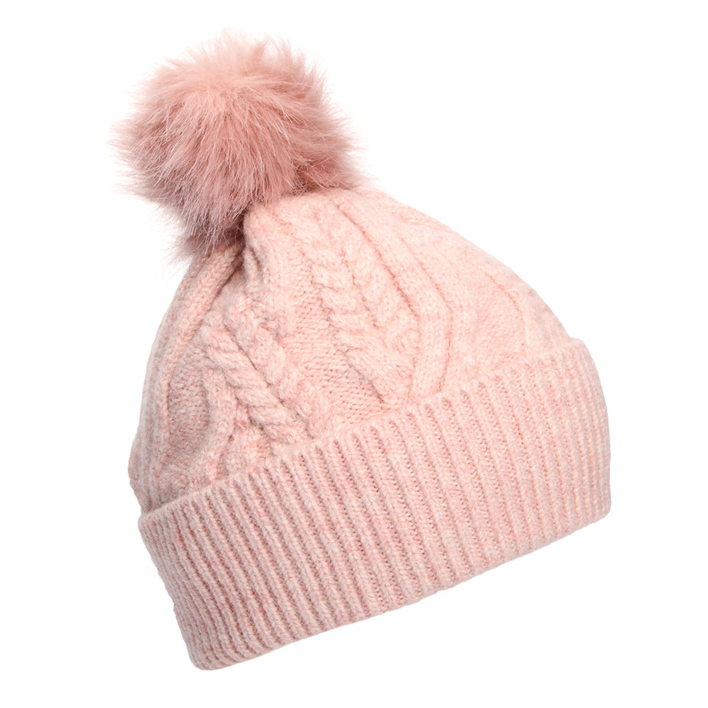 Barbour Hats Elsdon Cable Knit Faux Fur Pom Bobble Hat - Rose