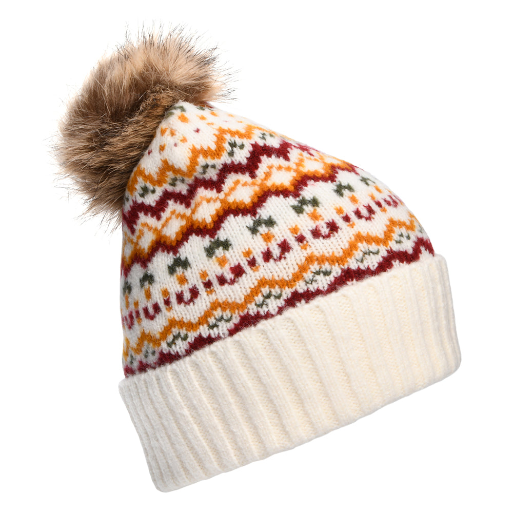 Barbour Kingsford Fair Isle Faux Fur Pom Bobble Hat - Cream-Multi