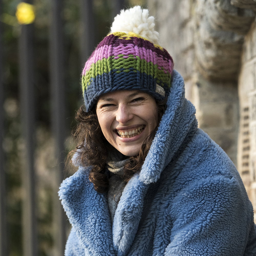 Kusan Rainbow Moss Stitch Yarn Bobble Hat - Denim-Multi