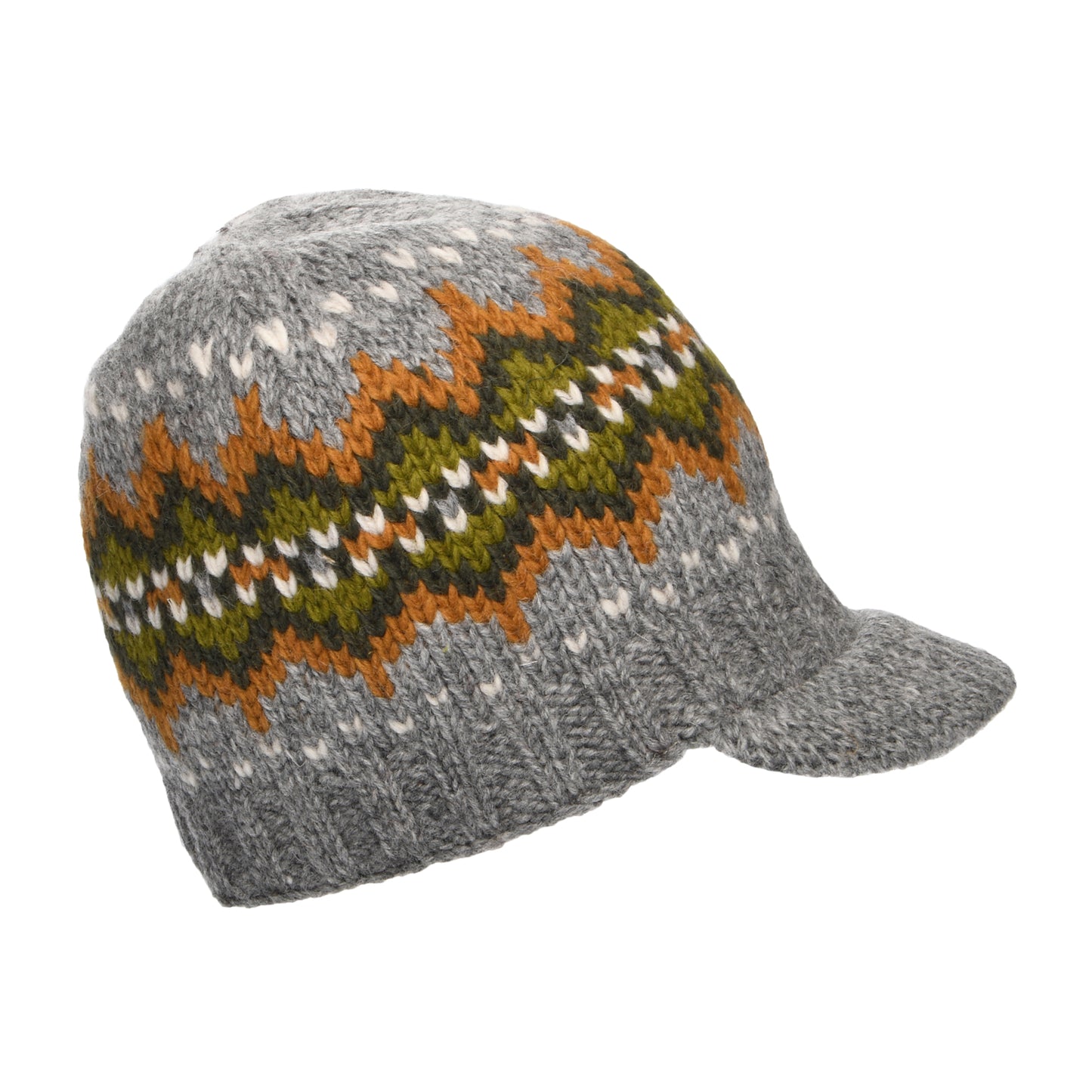 Kusan Brooklyn Fair Isle Peaked Beanie Hat - Grey-Olive