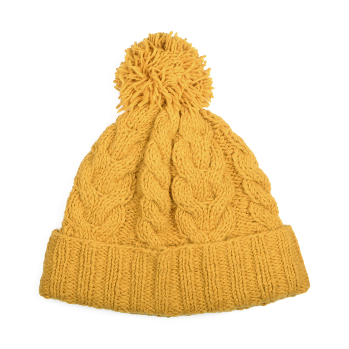 Kusan Cable Knit Turn Up Bobble Hat - Mustard
