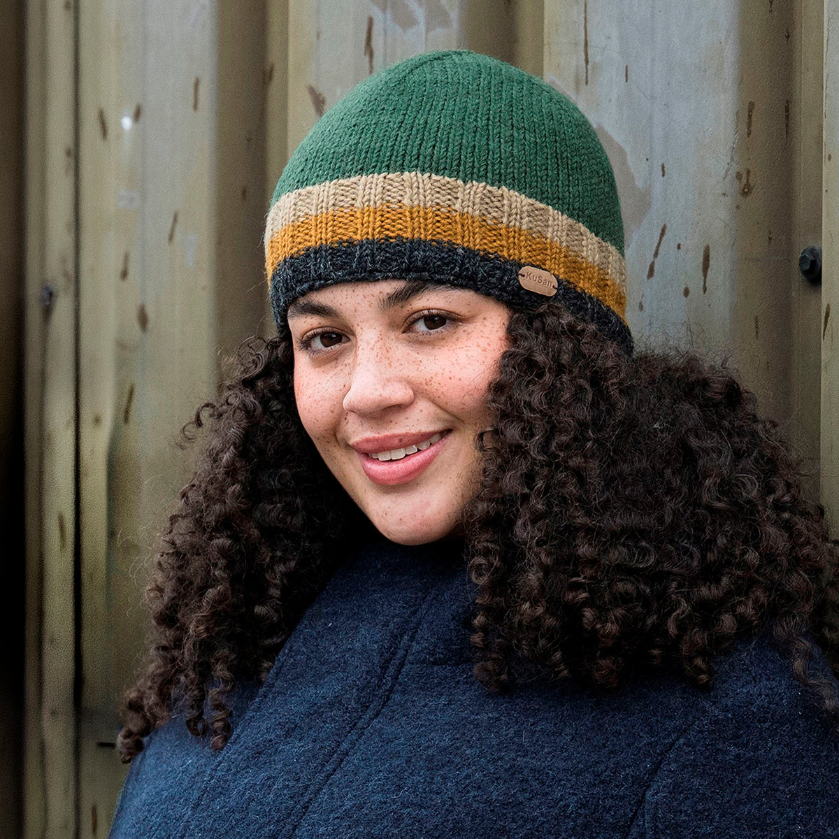 Kusan Hi Rib Beanie Hat - Green-Camel