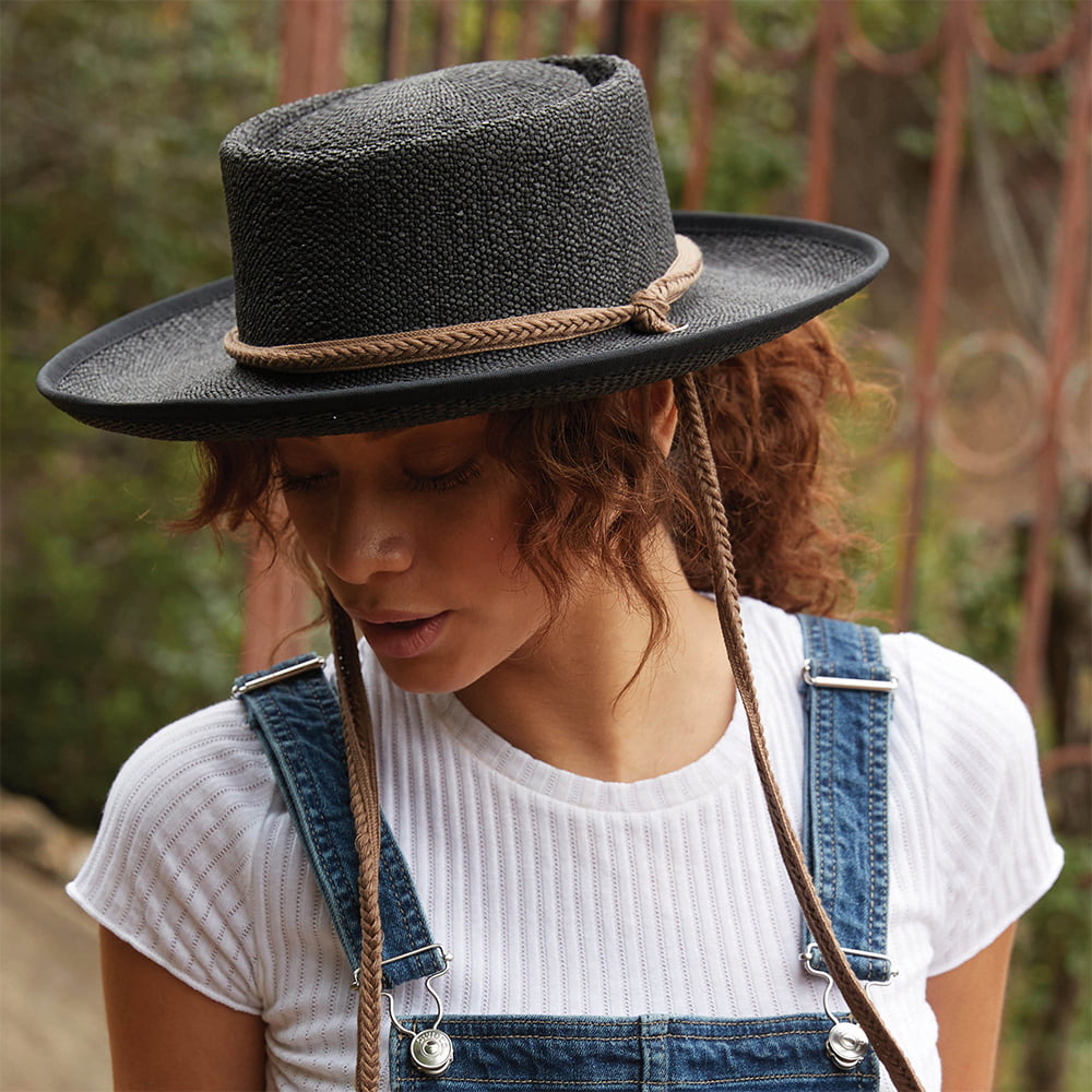 Scala Hats Jesolo Toyo Gaucho Sun Hat With Braided Cotton Chin Strap - Black