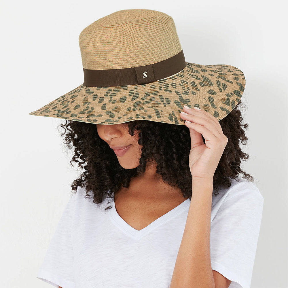 Joules Hats Sia Leopard Wide Brim Fedora Sun Hat - Natural-Brown