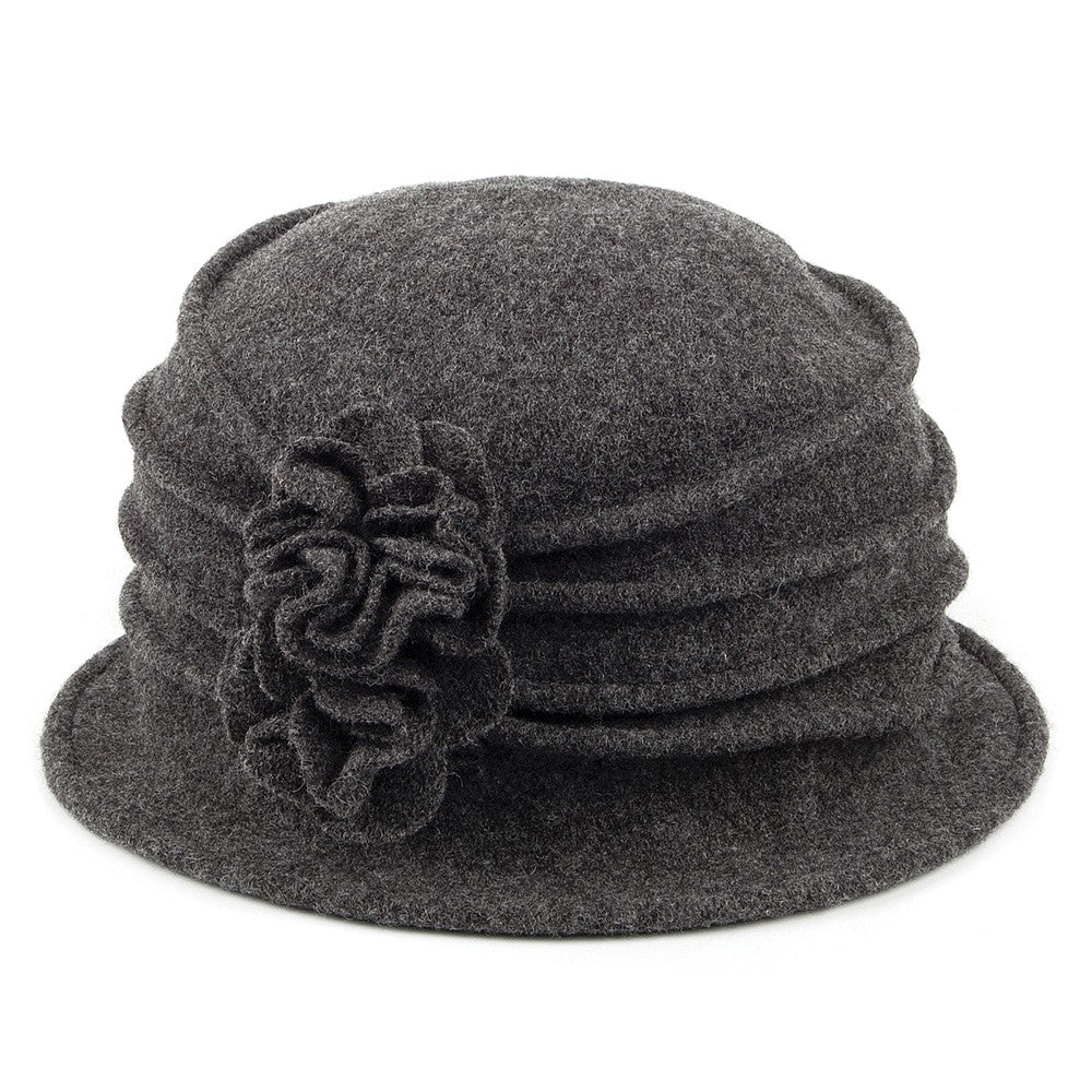 Scala Hats Grace Wool Cloche with Flower - Charcoal