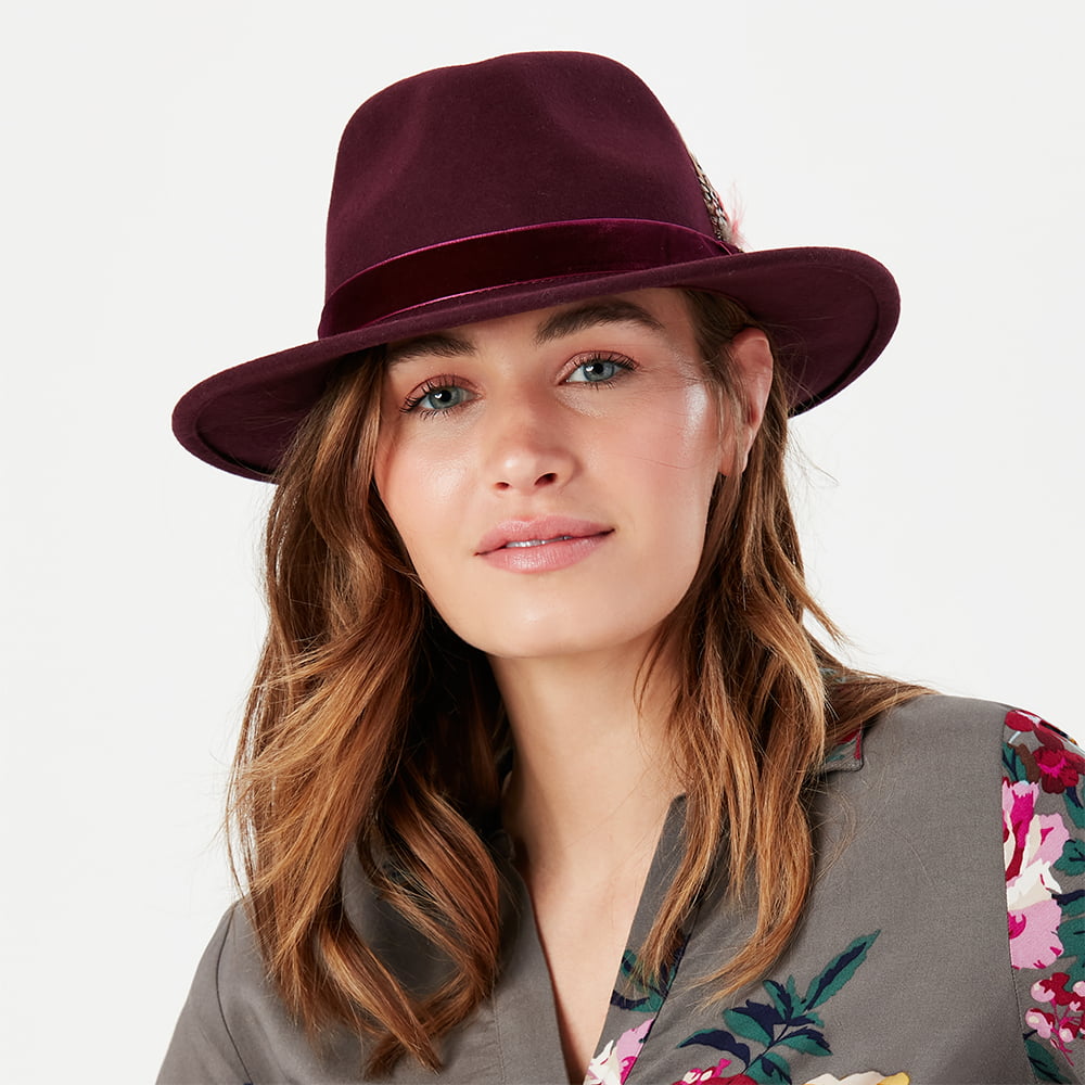 Joules Hats Wool Felt XXI Fedora Hat with Velvet Band - Oxblood
