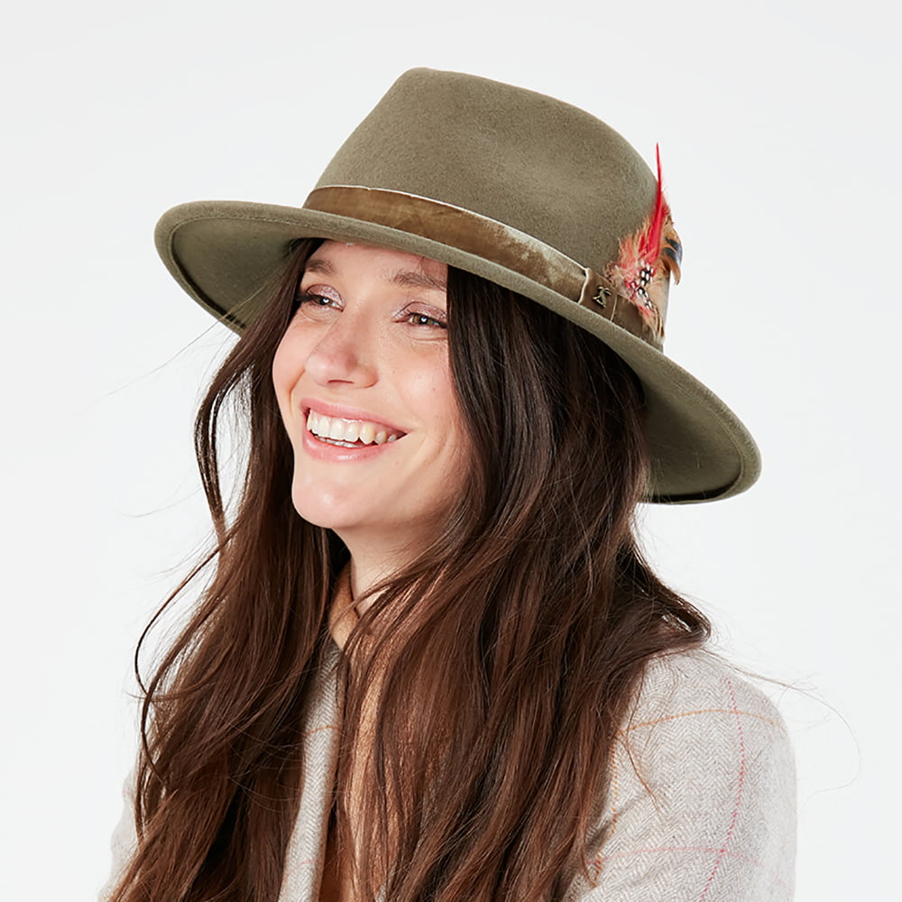 Joules Hats Wool Felt XXI Fedora Hat with Velvet Band - Khaki