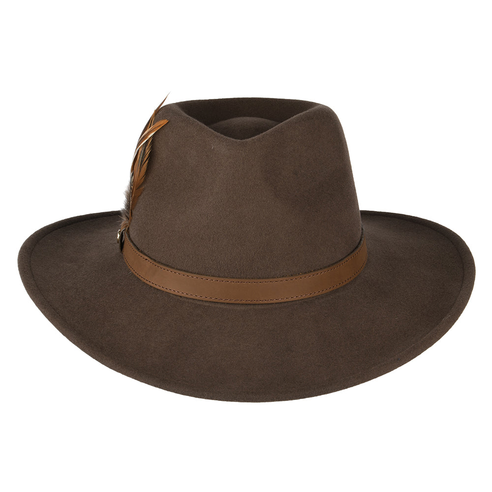 Failsworth Hats Showerproof Wool Felt Outback Hat with Feathers - Brown
