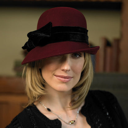Scala Hats Madeline Wool Felt Cloche with Velvet Band - Burgundy