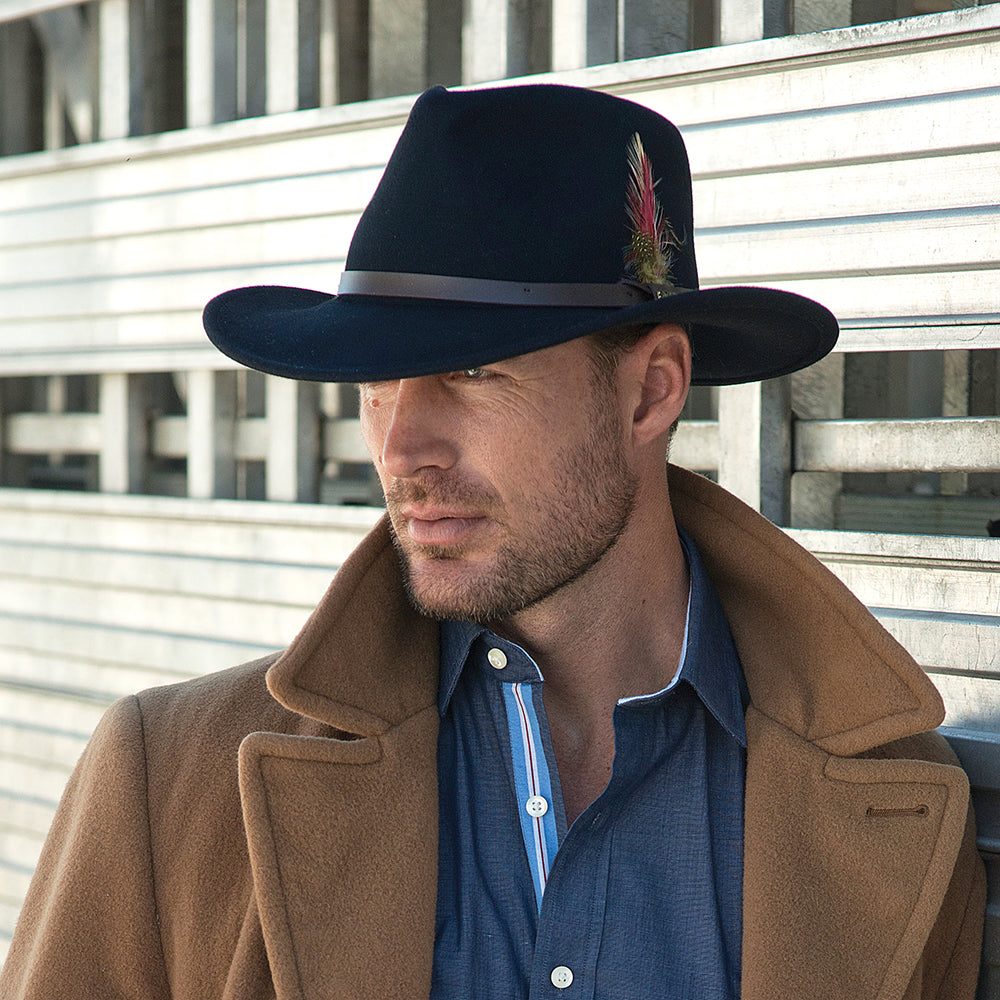 Scala Hats Dakota Crushable Water Repellent Wool Felt Outback Hat - Navy Blue