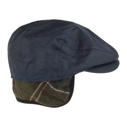 Barbour Hats Cheviot Waxed Cotton Flat Cap with Tartan Earflaps - Navy Blue