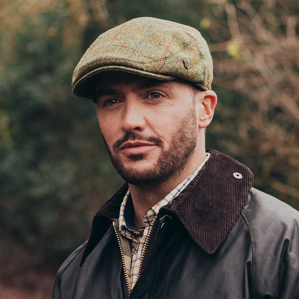Failsworth Hats Gamekeeper Windowpane Water Repellent Flat Cap - Olive-Multi