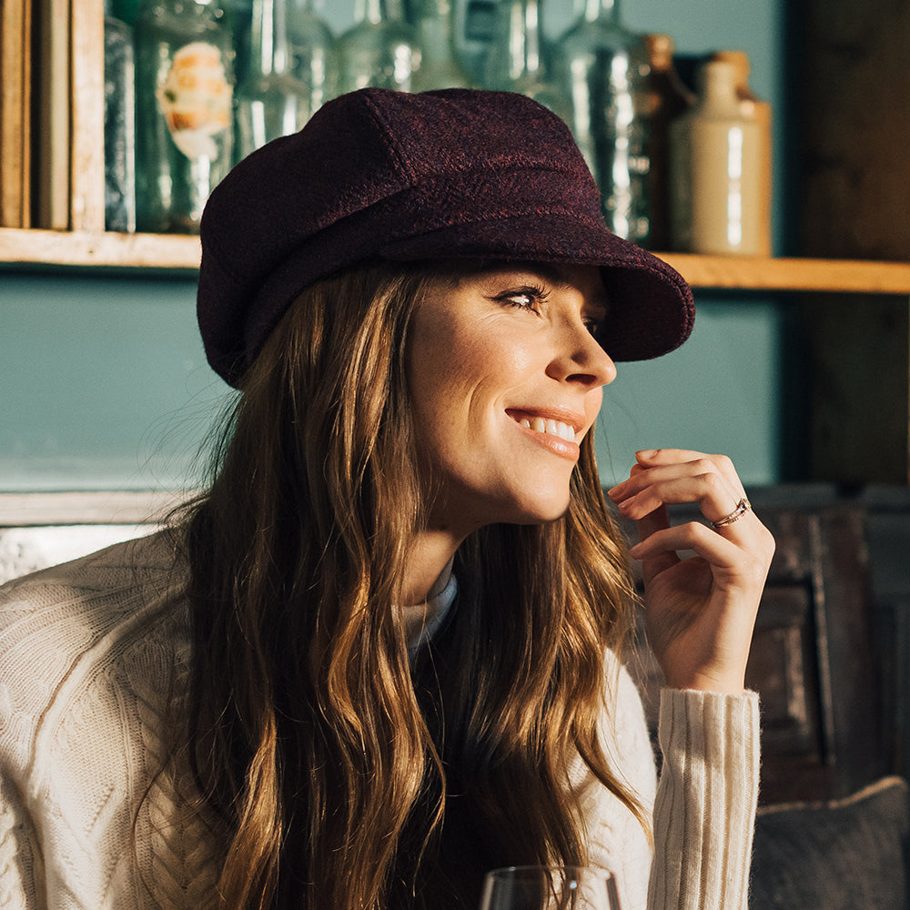Failsworth Hats HARRIS TWEED Herringbone Gabby Baker Boy Cap - Burgundy