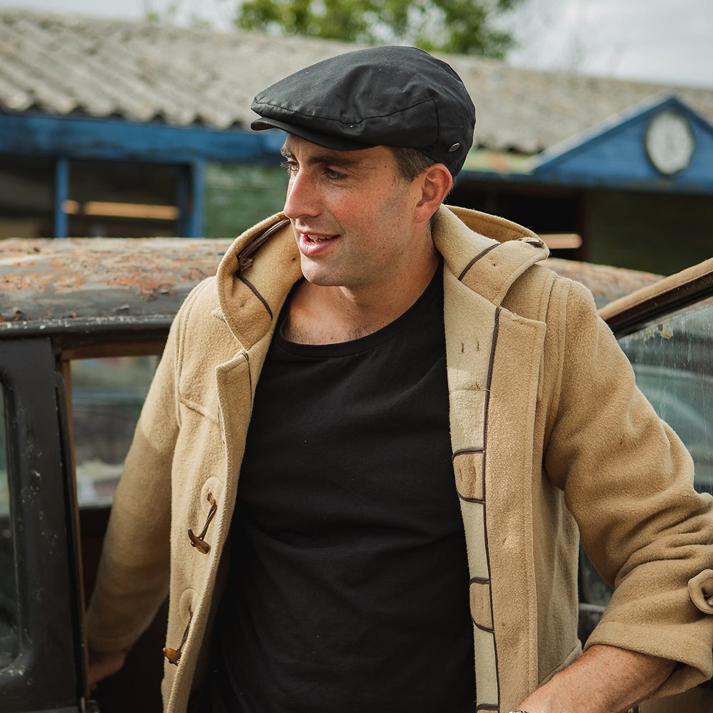 Jaxon & James British Millerain Waxed Cotton Flat Cap - Black