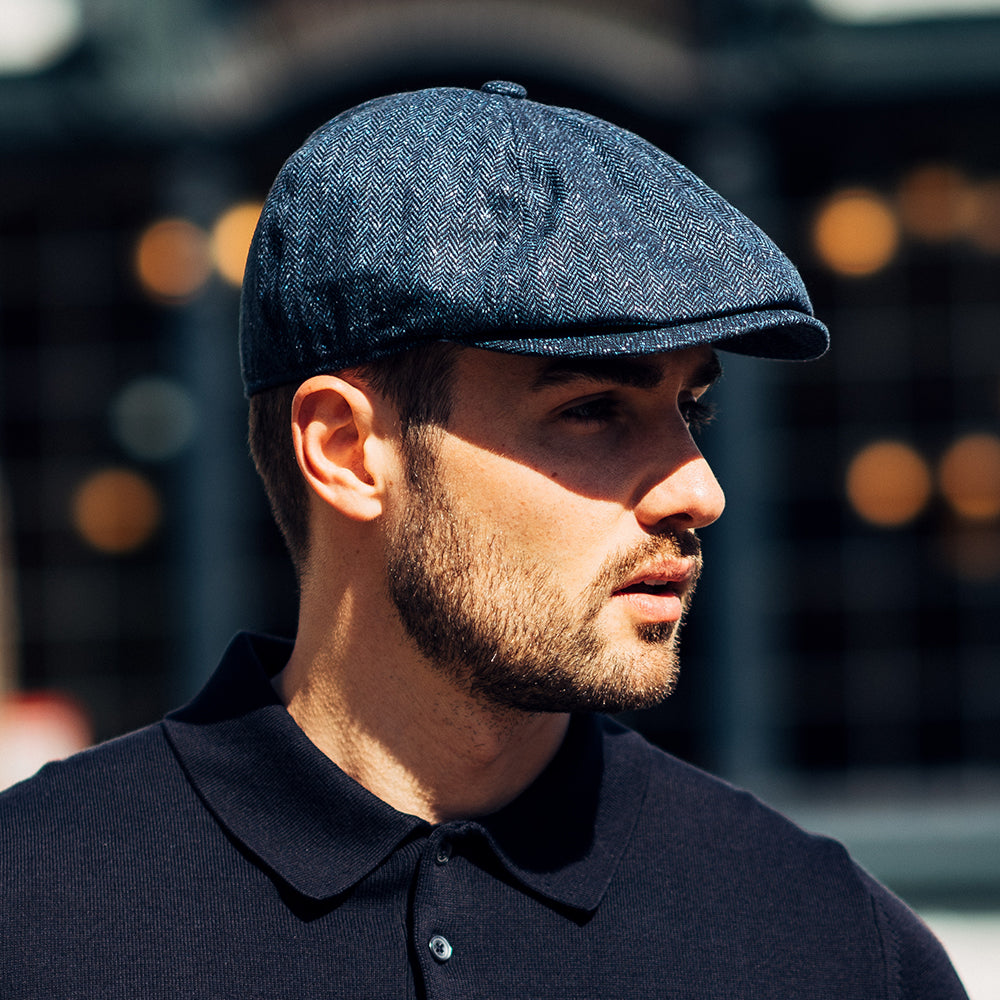 Failsworth Hats Hudson Silk Mix Herringbone Newsboy Cap - Navy Blue