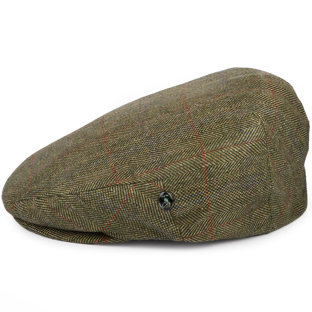 City Sport Windowpane Herringbone Pure Silk Flat Cap - Olive