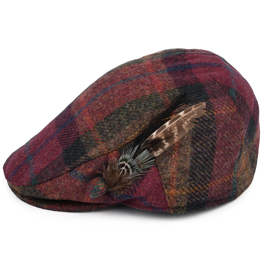 Failsworth Hats British Wool Tartan Feather Flat Cap - Pink Multi