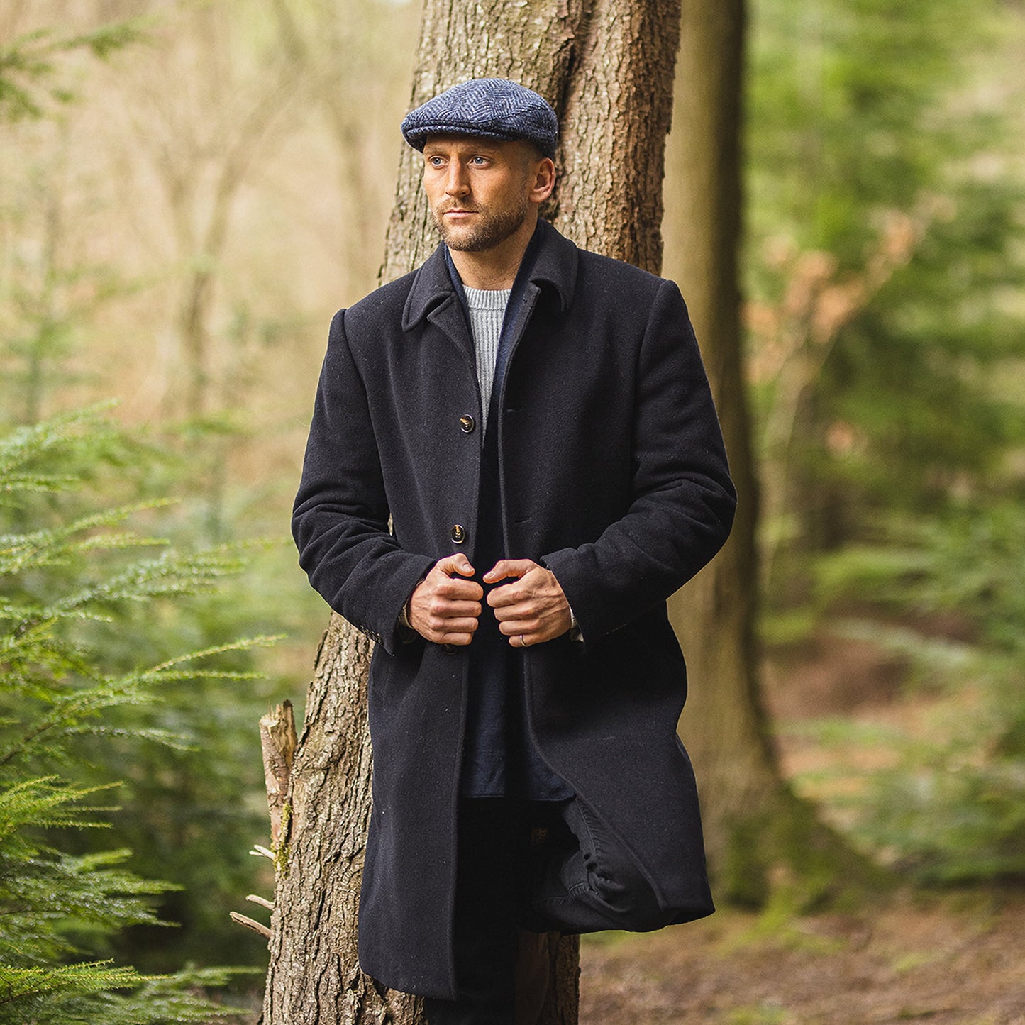 Jaxon & James Heavyweight Donegal Tweed Herringbone Dunmore Flat Cap - Navy-Black