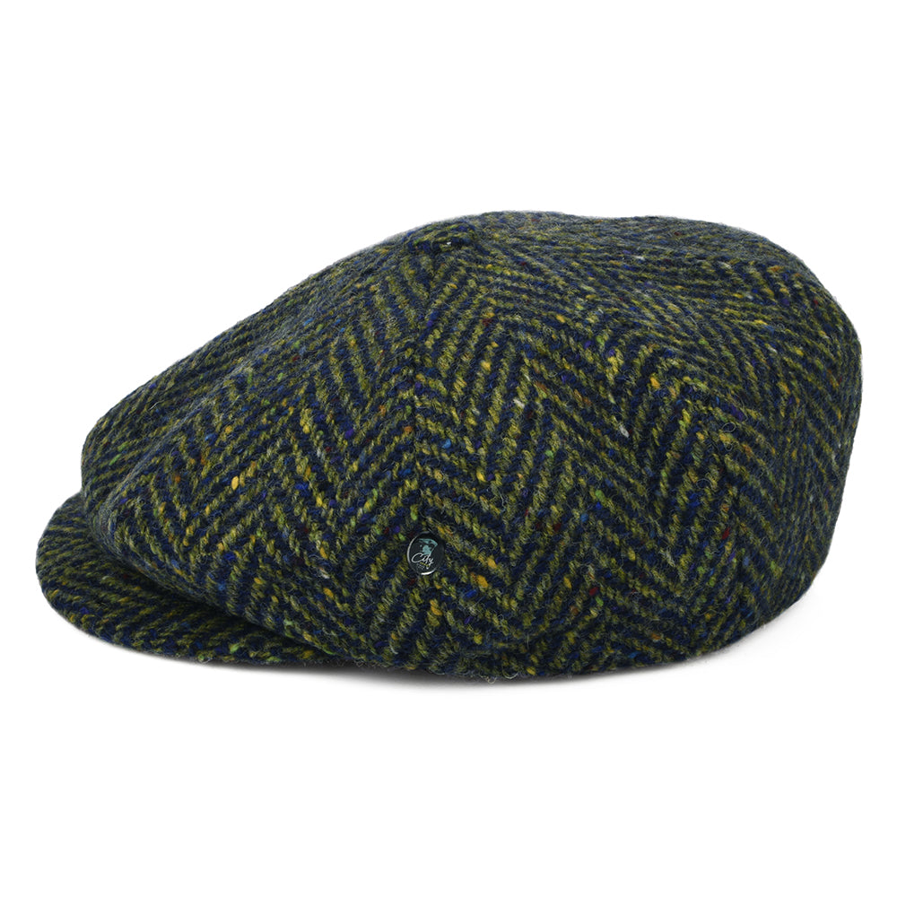 City Sport Donegal Tweed Herringbone Newsboy Cap - Olive-Blue