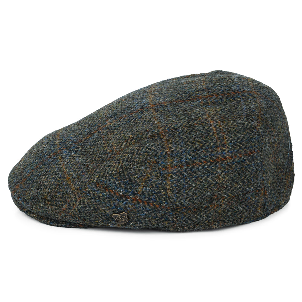 Failsworth Hats HARRIS TWEED Windowpane Herringbone Stornoway Flat Cap - Olive-Blue-Rust