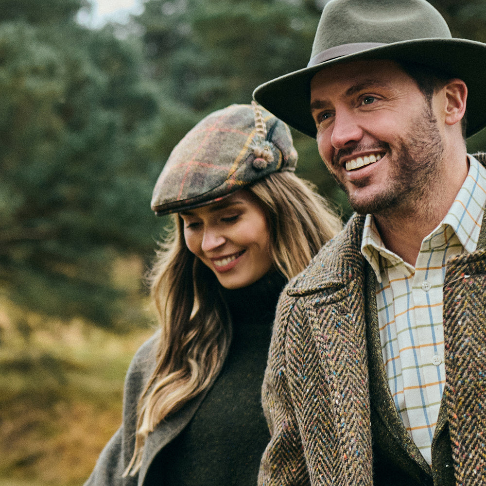 Failsworth Hats British Wool Tartan Feather Flat Cap - Green-Brown-Mustard