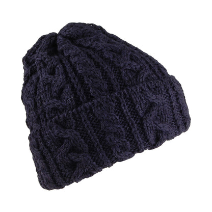 Highland 2000 Cuffed Cable Knit English Wool Beanie Hat - Navy Blue