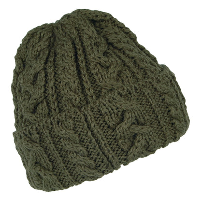 Highland 2000 Cuffed Cable Knit English Wool Beanie Hat - Olive