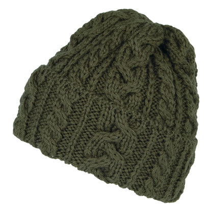 Highland 2000 Cuffed Cable Knit English Wool Beanie Hat - Olive