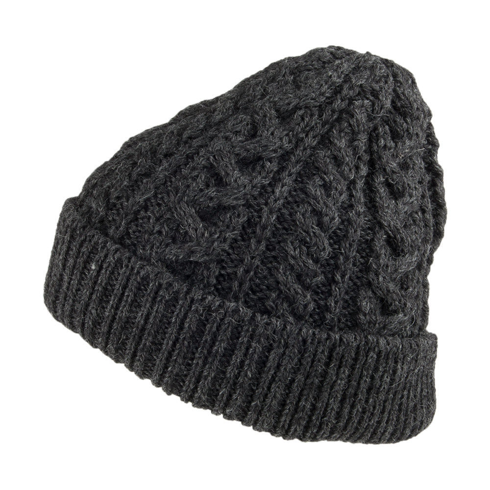 Highland 2000 Cuffed Cable Knit English Wool Beanie Hat - Charcoal
