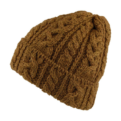 Highland 2000 Cuffed Cable Knit English Wool Beanie Hat - Toffee
