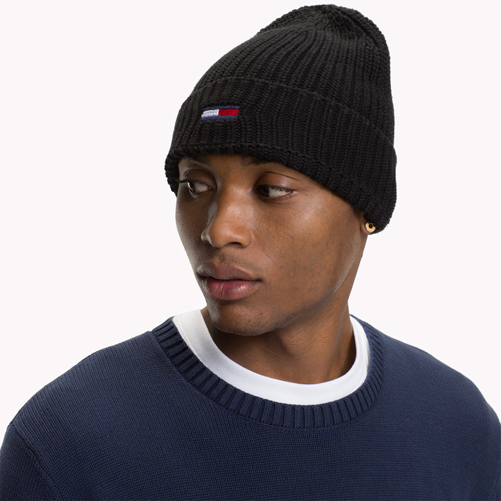 Tommy Hilfiger Hats TJM Flag Ribbed Beanie Hat - Black