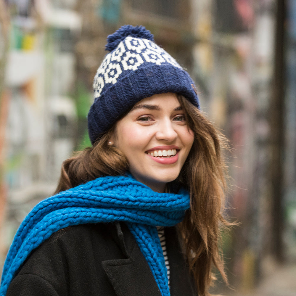 Kusan Patterned Turn Up Bobble Hat - Navy Blue