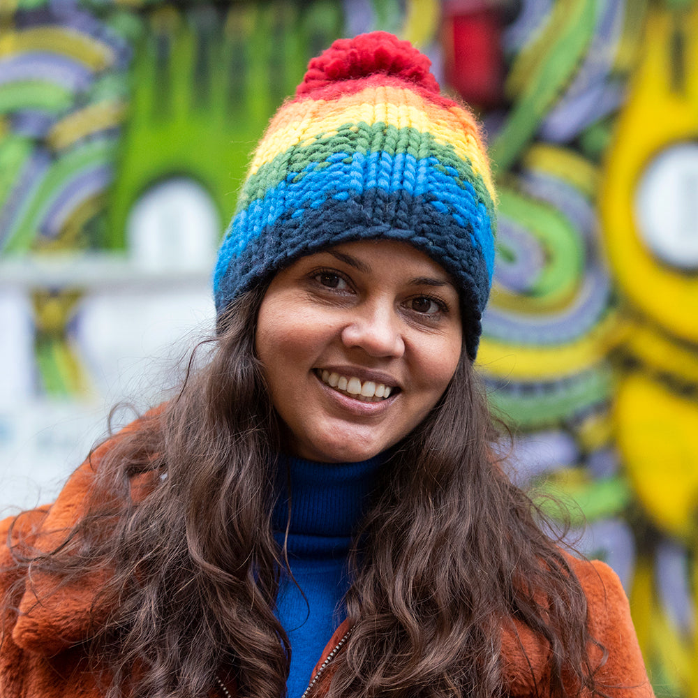 Kusan Rainbow Moss Stitch Yarn Bobble Hat - Multi-Coloured