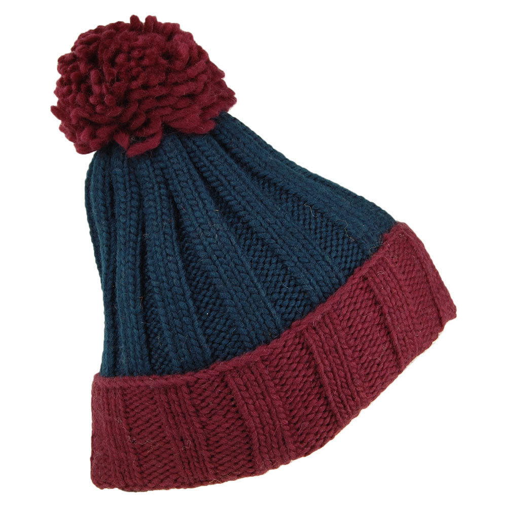 Kusan Ribbed Turn Up Bobble Hat - Burgundy-Teal
