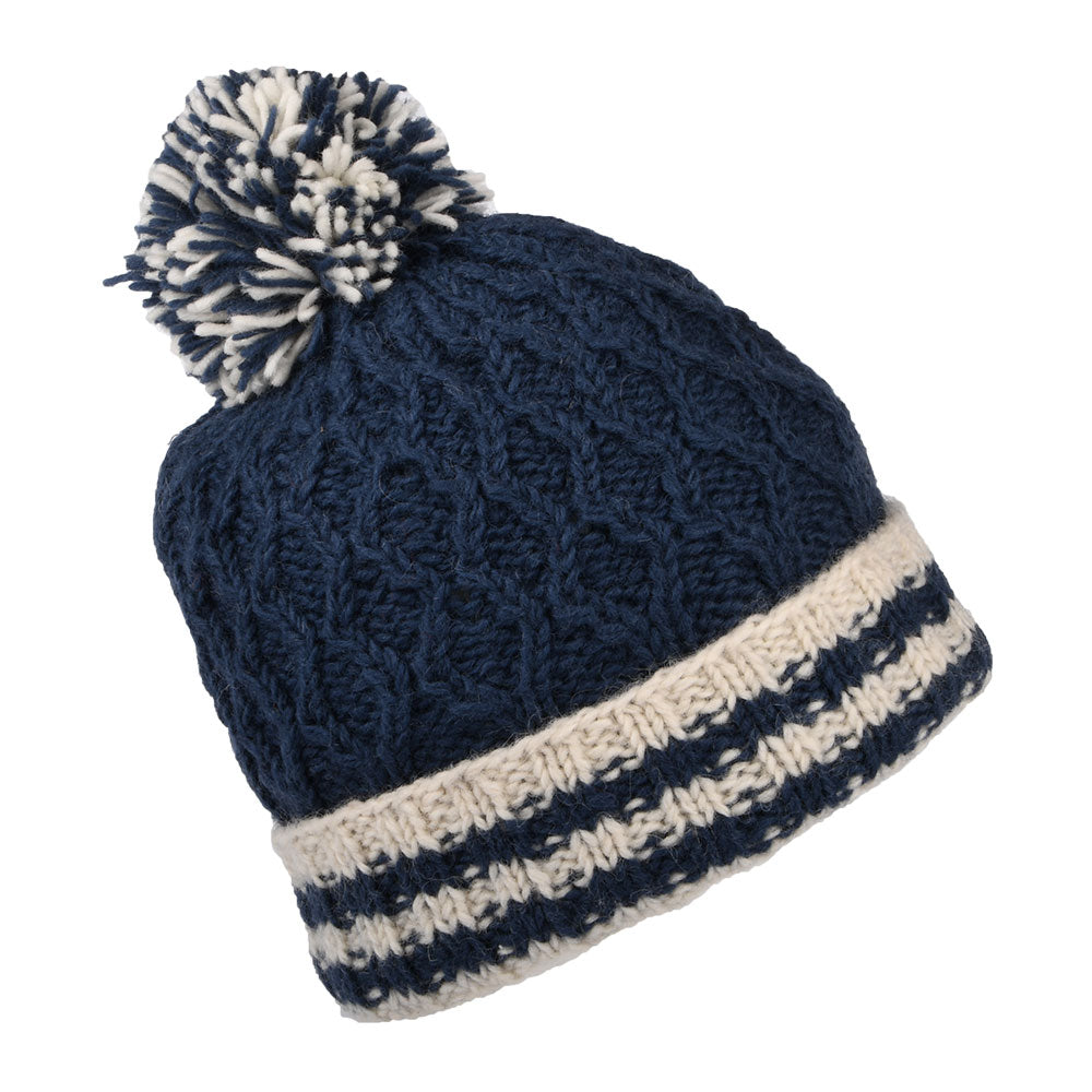 Kusan Diamond Knit Striped Cuff Bobble Hat - Navy Blue