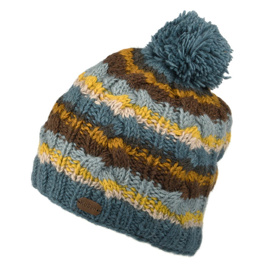 Kusan Striped Cable Knit Bobble Hat - Blue-Multi