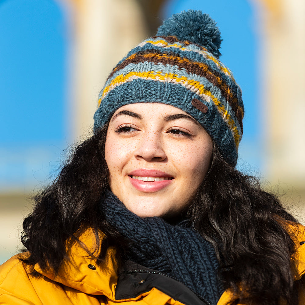 Kusan Striped Cable Knit Bobble Hat - Blue-Multi