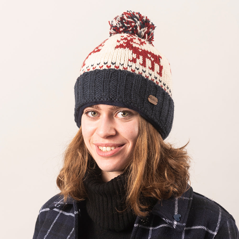 Kusan Reindeer Turn Up Bobble Hat - Navy-Cream