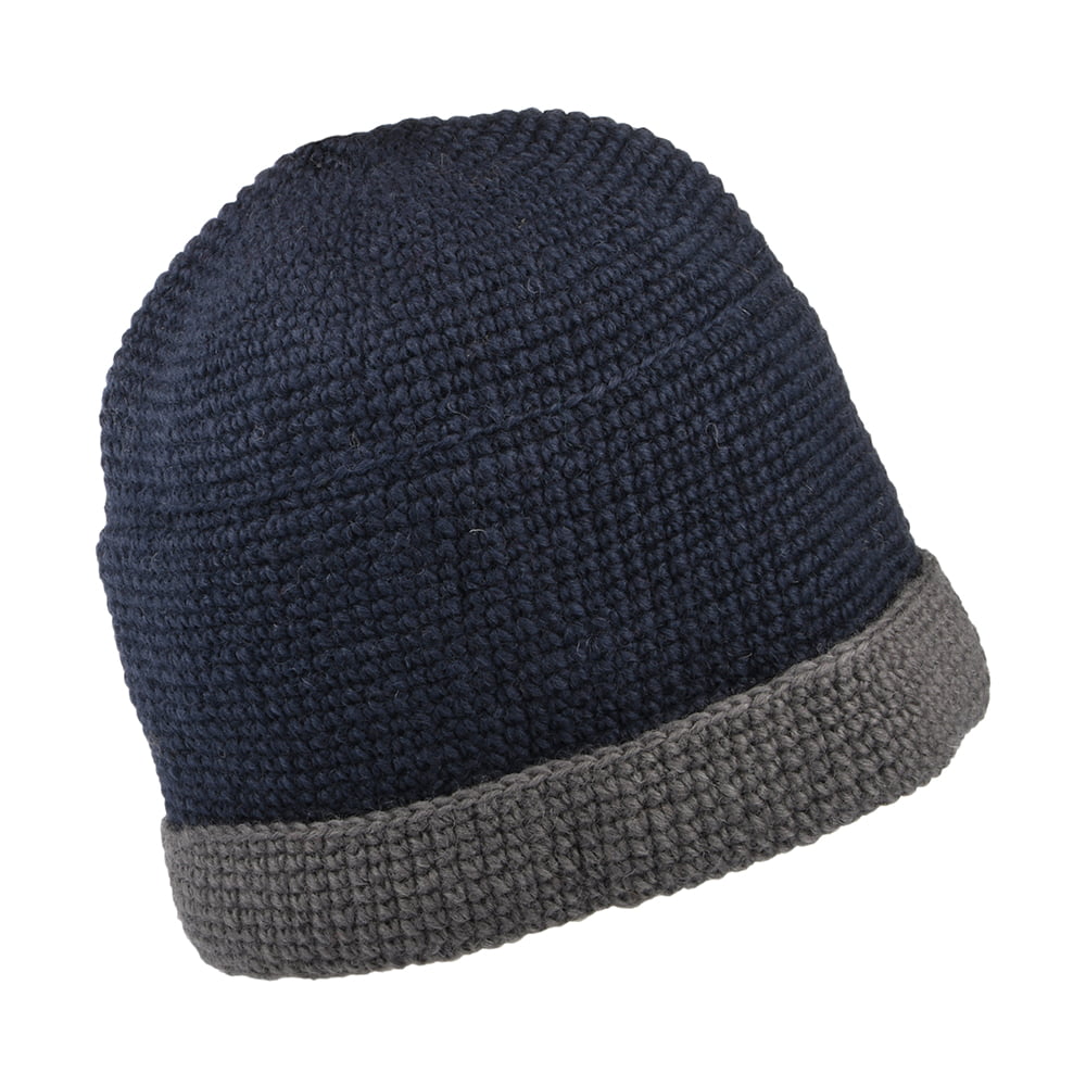 Kusan Turn Up Crochet Beanie Hat - Navy-Grey