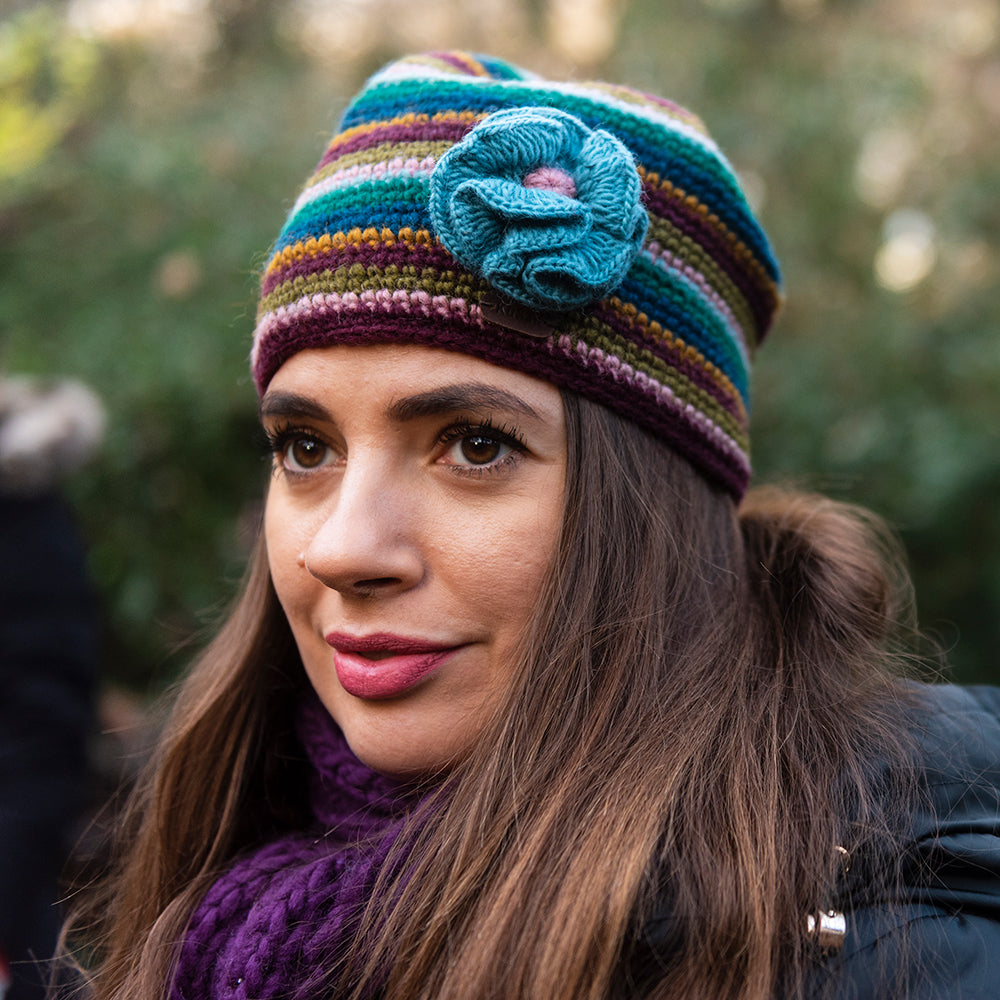 Kusan Crochet Flower Beanie Hat - Plum-Turquoise