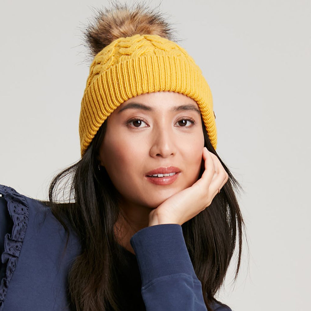 Joules Hats Elena Cable Knit Faux Fur Pom Bobble Hat - Mustard